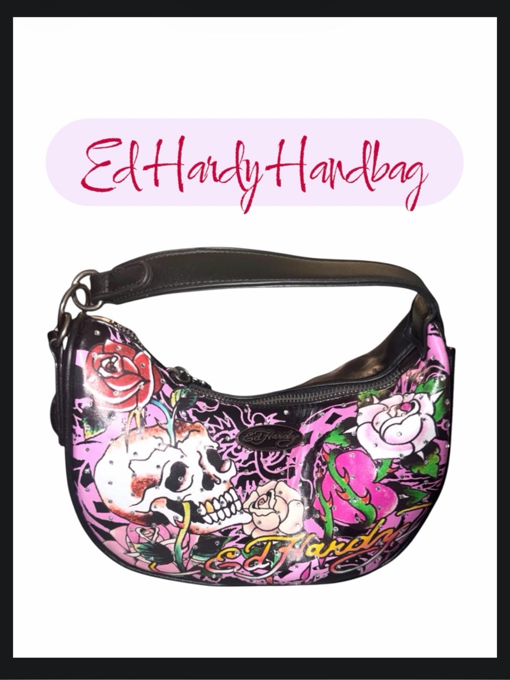 *new* Ed Hardy Pink & Black Skull Graphic Handbag